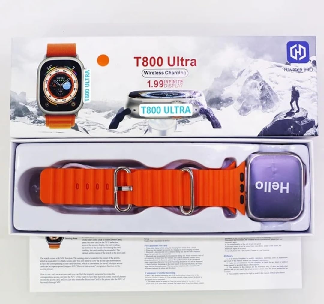 T800 Ultra Smart Watch 1.99 inch Infinite Display,Bluetooth Calling,Heart Rate Tracking, Sports Features (T800 Orange (Without SIM))