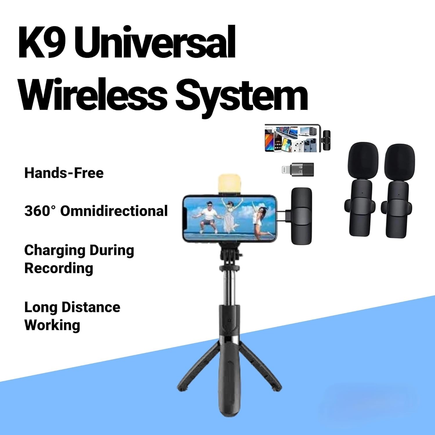 K9 Wireless Microphone System for Android & iPhone – Noise Reduction, Plug & Play, Rechargeable Dual Mic with Receiver